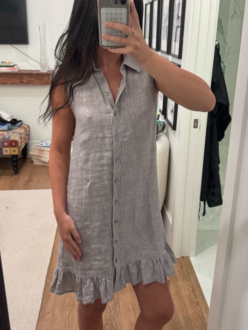 Sleeveless Button-Front Mini Dress in Light Gray